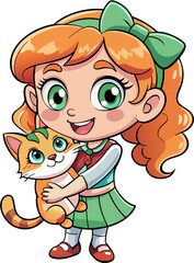 Naklejka premium Cheerful girl with big eyes with a kitten ESP vector drawing, girl with a kitten on a transparent background