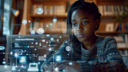 Student engaging in virtual learning with a laptop and floating digital icons for different learning tools