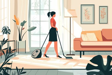 A woman vacuuming a stylish living room filled with plants and artwork, showcasing a clean and modern home environment