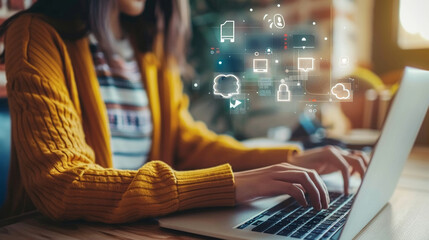 Student participating in online learning with a laptop and floating digital icons