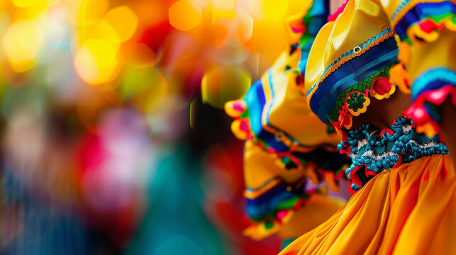 Colorful fiesta dance close-up featuring a woman in traditional Mexican costume celebrating at a vibrant festival with a blurred crowd and festive decorations. Captured on a Canon R5 camera, this imag