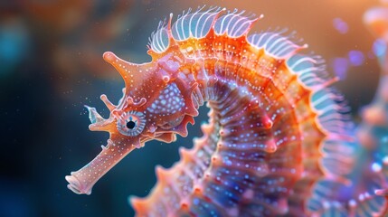 Intricate macro shot of a seahorse tail and body highlighting the textures and vibrant colors viewed from the side
