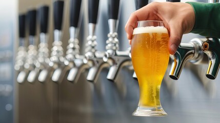Hand reaching for a beer glass from a row of taps, Fresh Draft Beer  Craft  Celebrate, concept of choosing a craft brew