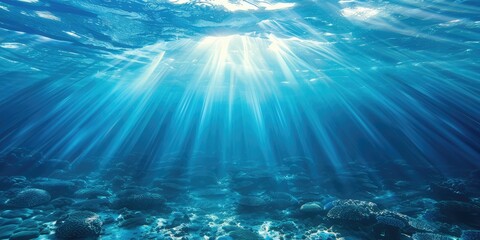 Fototapeta premium Underwater light creates a beautiful cover of sunlight. Underwater ocean waves are reduced by light rays. AI generation.