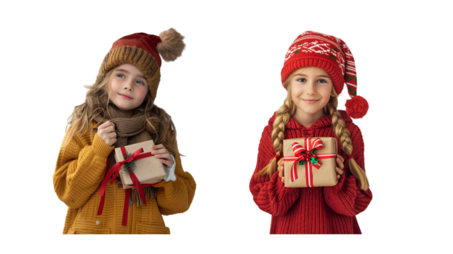 Little girl wearing a Christmas hat and a gift box in her hand