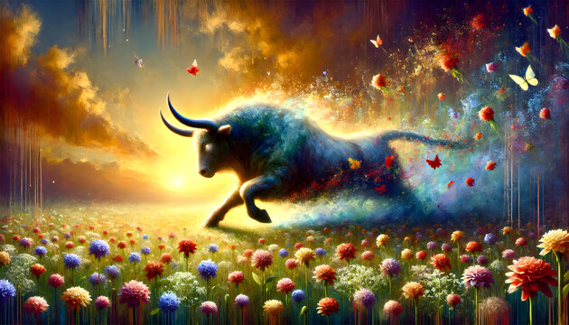 Stunning surreal and fantastical image depicting a majestic deer like creature soaring through a vibrant colorful and ethereal dreamscape landscape against a celestial sky backdrop