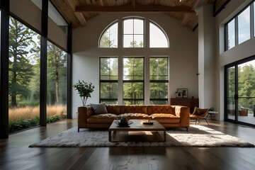 Fototapeta premium A loft living room where a large, open layout is enhanced by a minimalist window and coffee table.
