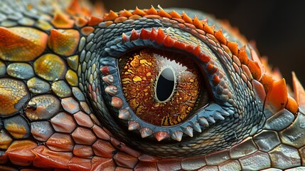 Fototapeta premium Detailed macro photograph of a lizard scales and eye showing its complex textures and colors viewed from above