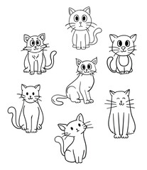 Set of cute hand drawn cartoon style cat line art, Animal flat illustration for children.