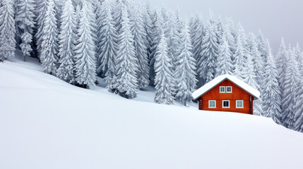 Naklejka premium A charming red house surrounded by snow-covered trees in a winter wonderland, creating a peaceful, serene landscape.
