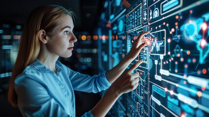 Woman interacting with digital data interfaces