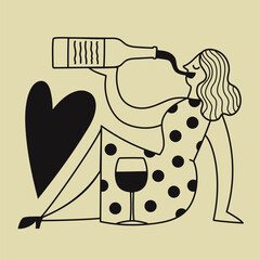 Vector black outline doodle style illustration with a woman drinking wine from a bottle. Big heart and glass. Funny restaurant, bar and home wall decoration poster, apparel print design
