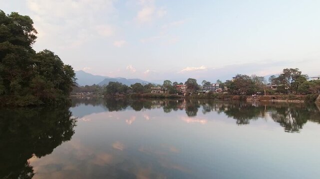 Famous Pokhara city viewpoint to Annapurna mountain range reflections. Travel visit destination Nepal