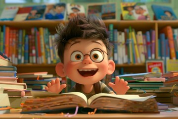 Joyful Boy Reading in the Library