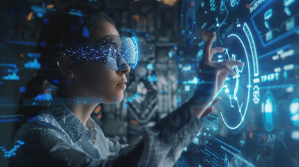 Woman using holographic interfaces for data analysis