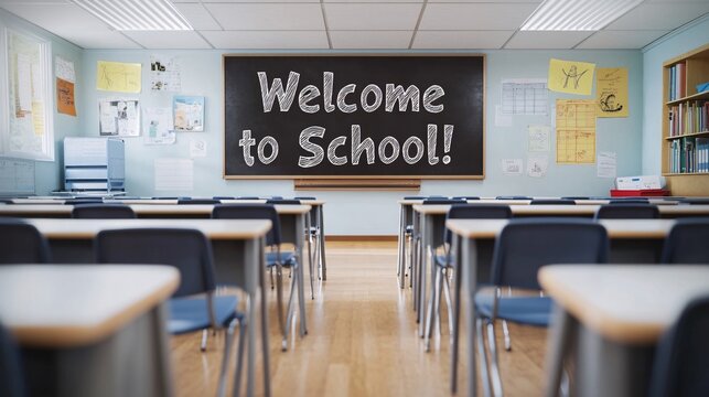 A brightly lit classroom scene featuring rows of neatly arranged desks, creating a welcoming and organized learning environment. At the front of the room, a large chalkboard displays the cheerful