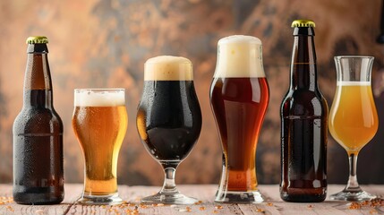 A collection of different beer bottles and glasses on a festive table, National Beer Lover's Day, concept of beer variety celebration