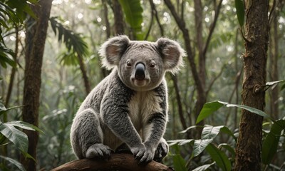Fototapeta premium Close-Up of Cute Koala sitting Resting on branch looking directly at the camera in Lush Jungle Dense Wild Tropical Forest environment