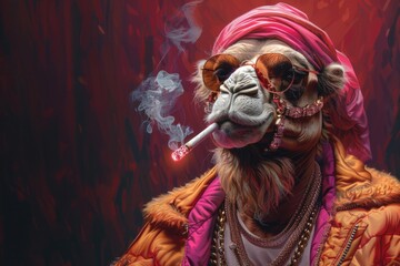 Obraz premium A camel is smoking a cigarette while wearing sunglasses and a pink scarf