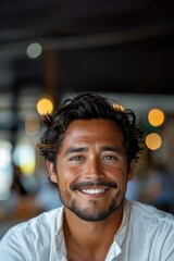Obraz premium A man with a beard and mustache is smiling at the camera