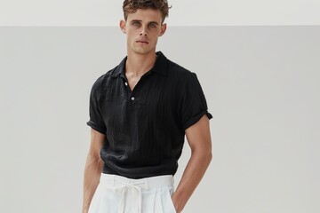 Fashionable Man in Black Shirt and White Pants