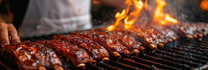 Meticulous Grilling Contestant Glazing Ribs with Expertise, Flames, and Smoke Culinary Skill on Display