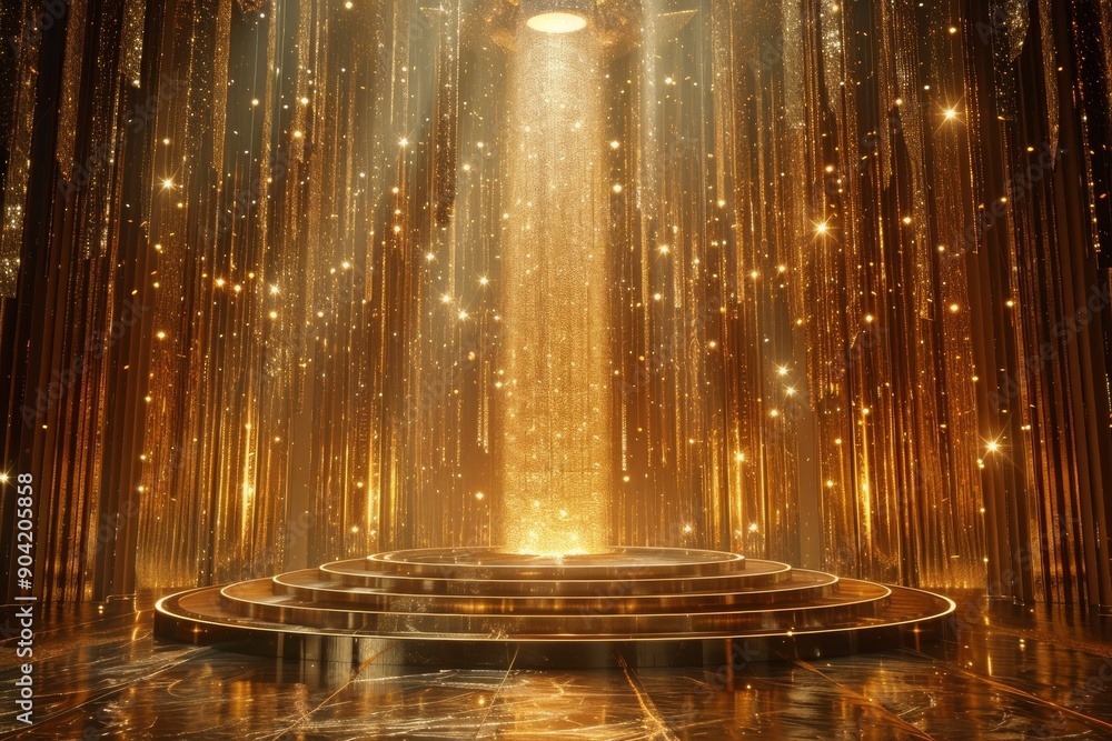 Poster golden stage with shining lights and columns creating a glamorous and luxurious atmosphere