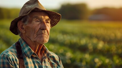 An elderly farmer gazes thoughtfully into the distance, surrounded by vibrant crops as the sun sets in the background