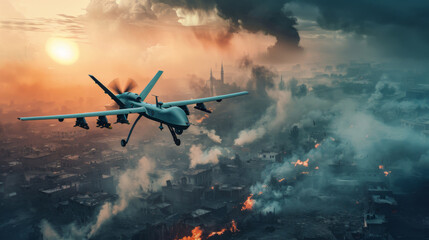 A military drone flies over a city in the midst of a war