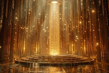 Golden stage with shining lights and columns creating a glamorous and luxurious atmosphere