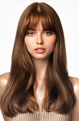 Fototapeta premium A woman with long brown hair with bangs and bangs on her head