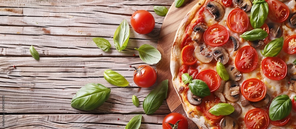 Poster flat lay of a mouth watering pizza with tomatoes mushrooms and basil on a wooden surface with room f
