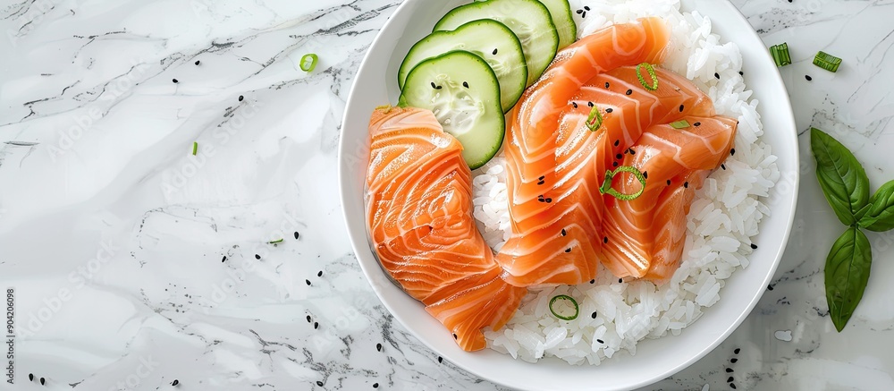 Poster salmon with rice and cucumber on a white marble background seen from the top includes plenty of spac