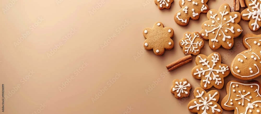 Poster gingerbread cookies on a beige backdrop with copy space image