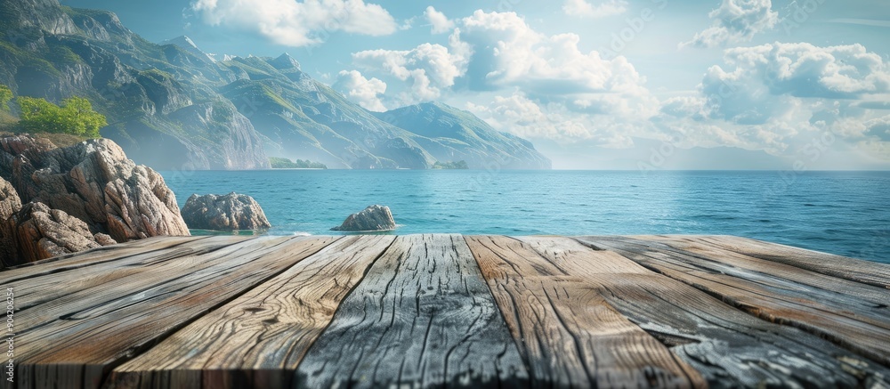 Poster scenic ocean scenery on an island with a rustic wooden log serving as a table backdrop for a copy sp