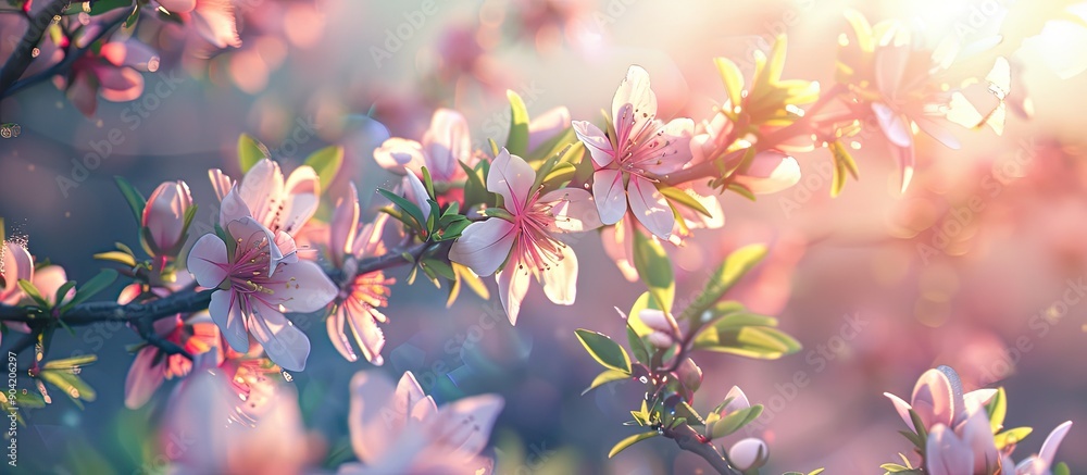 Poster in spring almond tree branches burst with full bloom flowers creating a picturesque scene with copy 