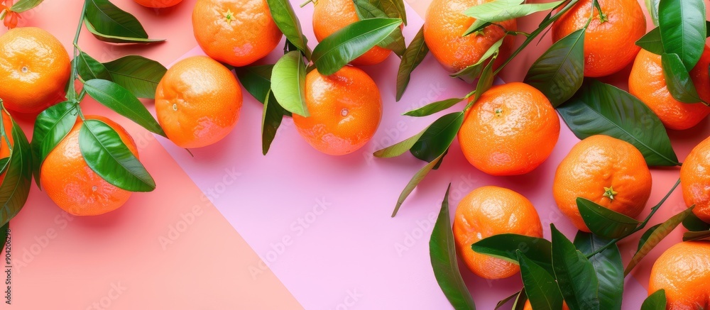 Poster fresh ripe mandarins with vibrant green leaves placed on a colorful backdrop viewed from above with 