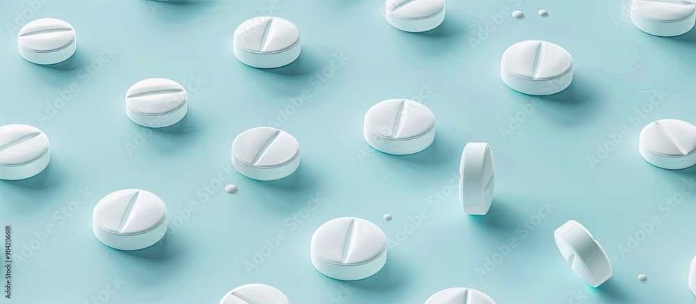 Poster close up view of numerous antibiotic pills arranged on a light blue backdrop with a designated area 