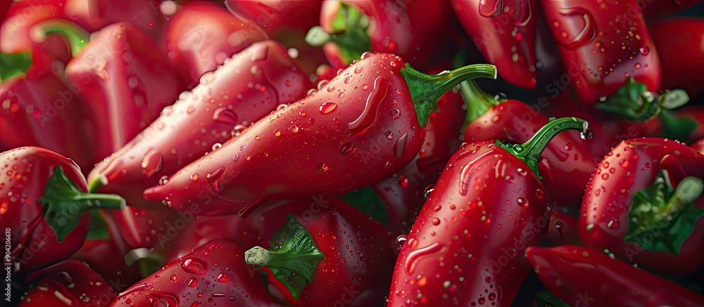 Poster close up full frame image featuring numerous ripe red hot peppers. copy space image. place for addin