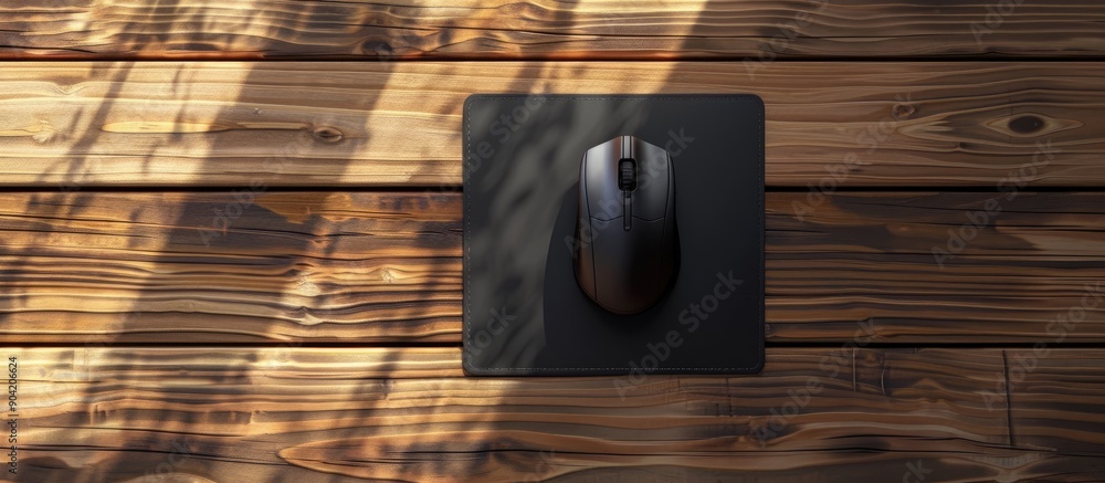 Poster top view of a computer mouse and mousepad on a wooden desk with a copy space image for text