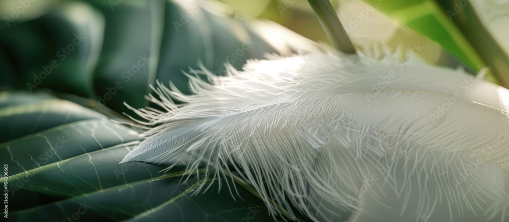 Poster close up shot of a white bird feather on a leaf with a blurred background providing ample copy space