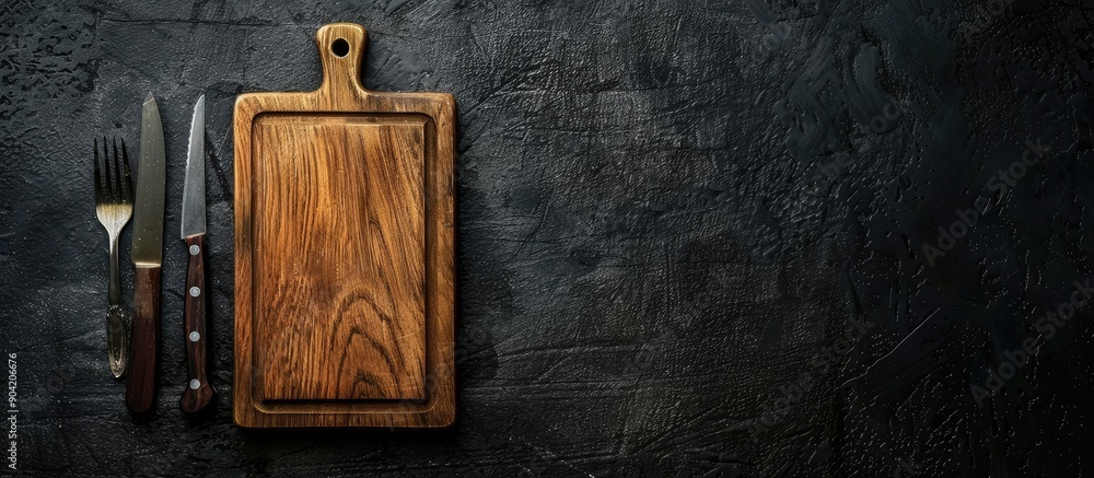 Poster empty wooden cutting board on a dark textured concrete surface with cutlery creating a scenic settin