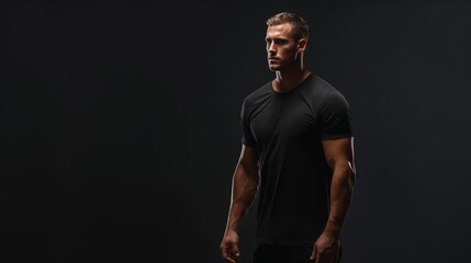 Fototapeta premium A man in a black shirt is standing in front of a black background