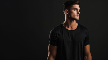 A man in a black shirt is looking away from the camera