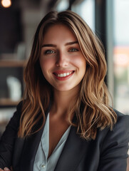 Fototapeta premium A portrait of a young, happy businesswoman with a bright smile and confident demeanor, perfect for corporate materials, career profiles, and business-related promotions. 