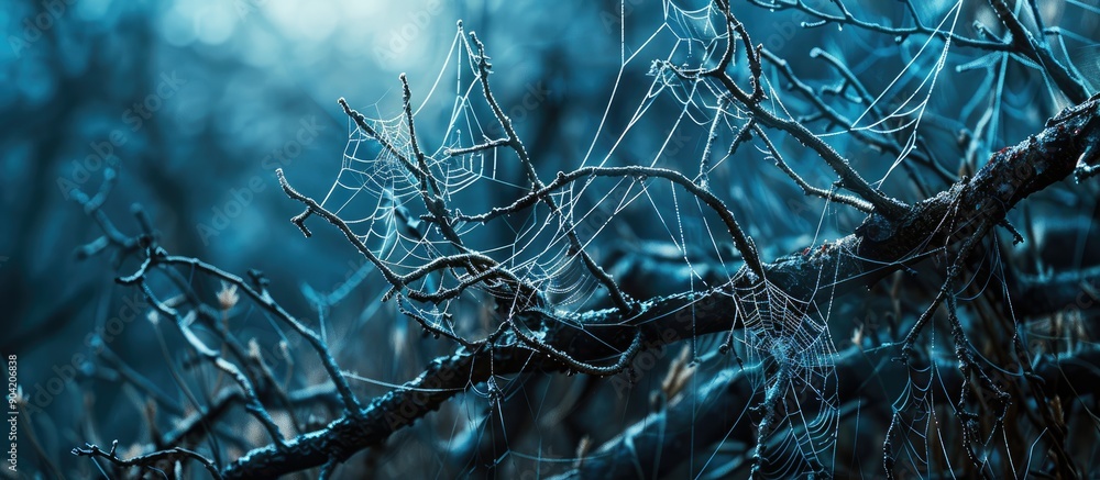 Poster a stunning scene showing cobweb covered branches of a dead tree against a blurry backdrop suitable f