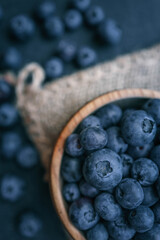 Blueberries background. Blueberry border design. Ripe and juicy fresh picked bilberries close up. Copyspace for your text
