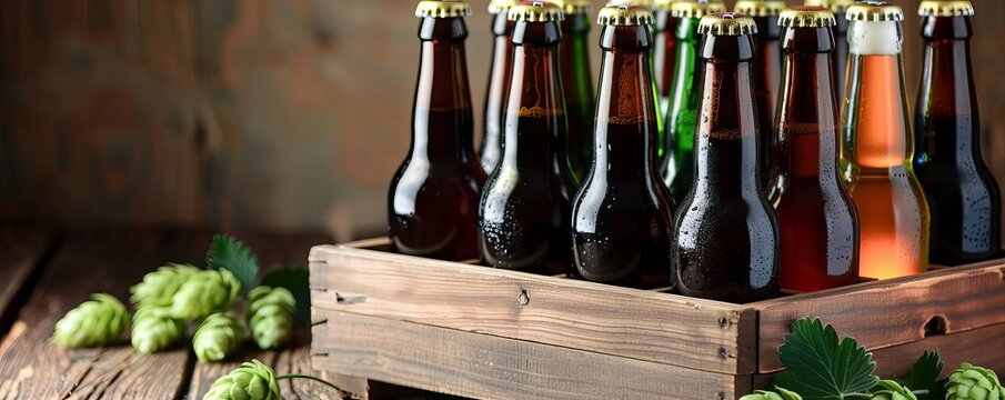 A wooden crate filled with assorted craft beer bottles, decorated with hops, National Beer Lover's Day, concept of a beer lover's selection
