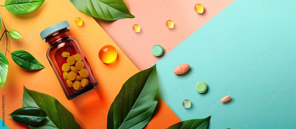 Poster top view of a bottle with pills and green leaves on a colorful background ideal for a copy space ima