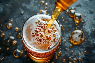 An overhead view of a beer glass with beer pouring into it, creating a splash, Fresh Draft Beer  Craft  Celebrate, concept of dynamic celebration